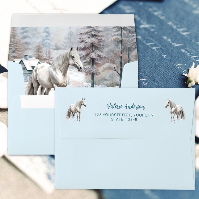 Horse winter scene snow forest Christmas Envelope (Horse Christmas winter scenery blue envelopes with return address)