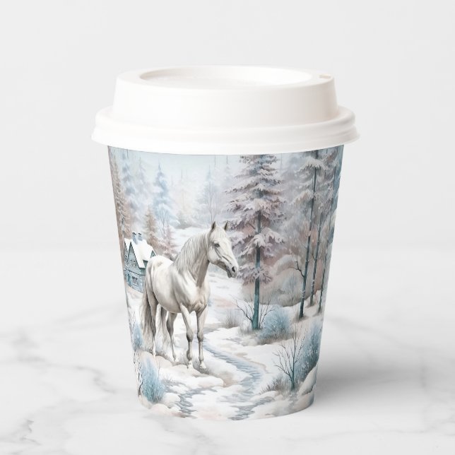 Horse winter scene snow forest Christmas Paper Cups (Front)