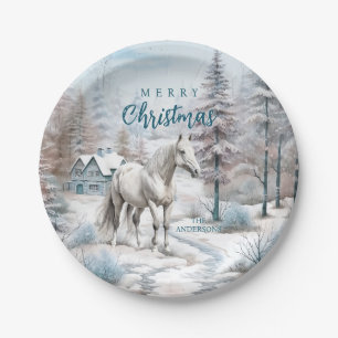 Horse winter scene snow forest Christmas Paper Plate