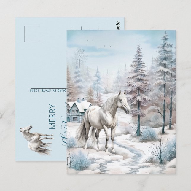 Horse winter scene snow forest Christmas Postcard (Front/Back)