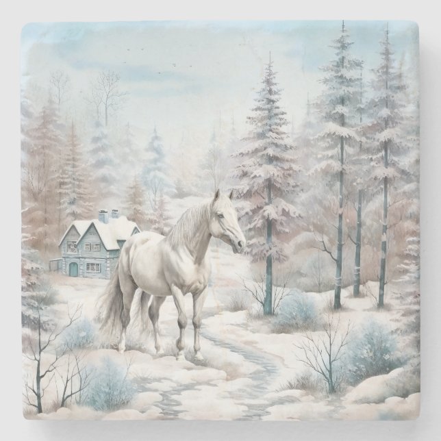 Horse winter scene snow forest Christmas Stone Coaster (Front)