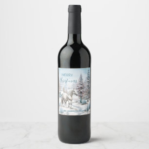 Horse winter scene snow forest Christmas Wine Label