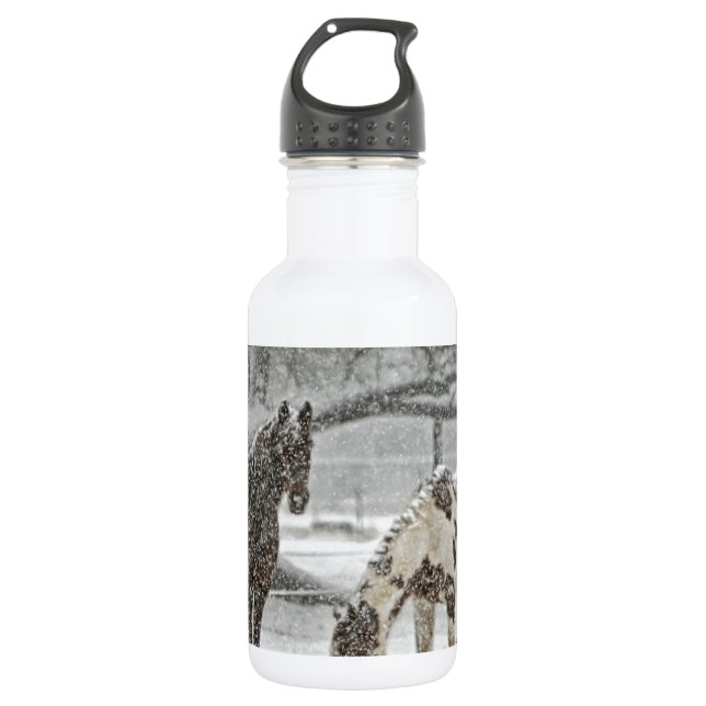 horse winter snow farm ranch animals snowy frozen 532 ml water bottle (Front)