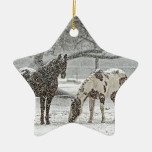 horse winter snow farm ranch animals snowy frozen ceramic tree decoration