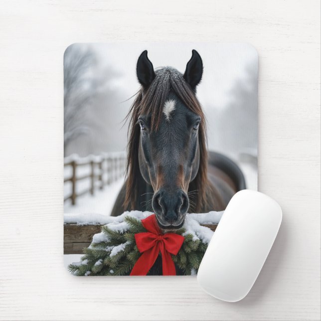 Horse With a Christmas Wreath Mouse Mat (With Mouse)