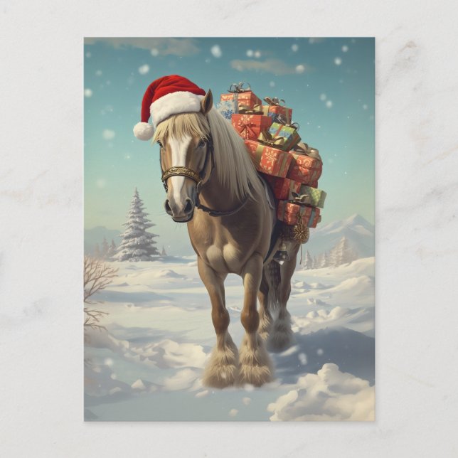 Horse with Christmas presents in the snow Postcard (Front)
