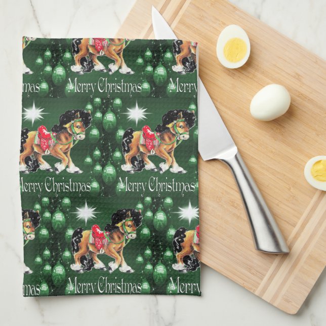 Horse With Green Ornaments  Green Merry Christmas Tea Towel (Quarter Fold)