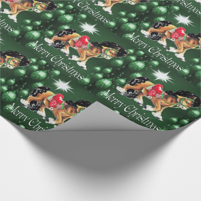 Horse With Green Ornaments  Green Merry Christmas Wrapping Paper (Corner)