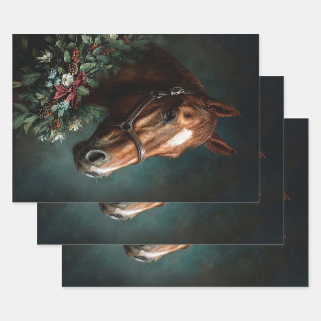 Horse with Holiday Wreath and Red Ribbon Wrapping Paper Sheet (Set)