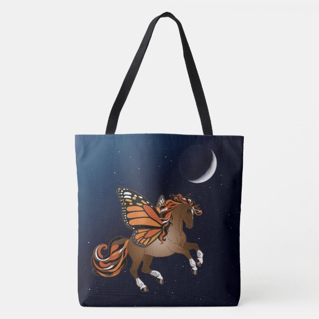 Horse with Monarch Butterfly Wings and Moon Tote Bag (Front)
