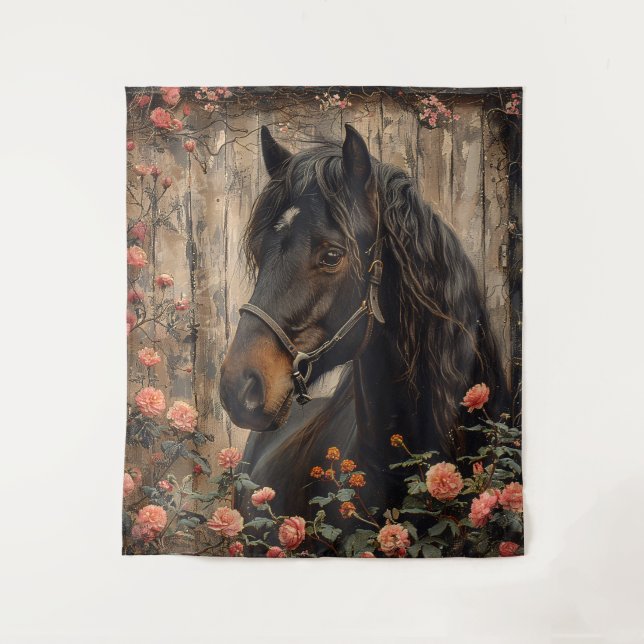 Horse with Pink Flowers Decoupage Tapestry (Front)