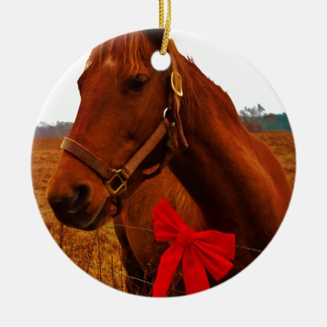 Horse with Red Bow Ceramic Tree Decoration (Front)
