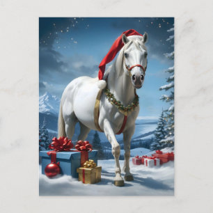 horse with santa hat and christmas gifts postcard