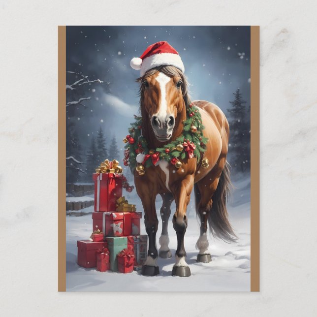horse with santa hat and christmas gifts postcard (Front)