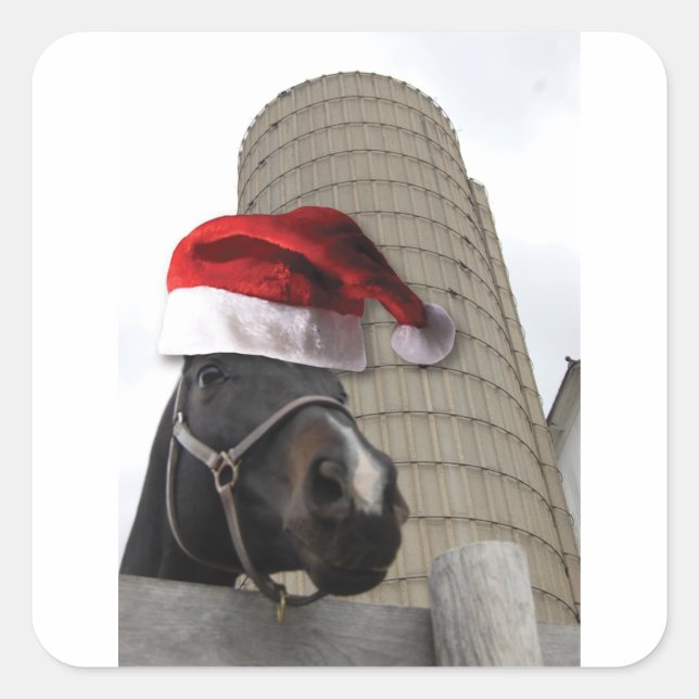 Horse with Santa Hat Square Sticker (Front)