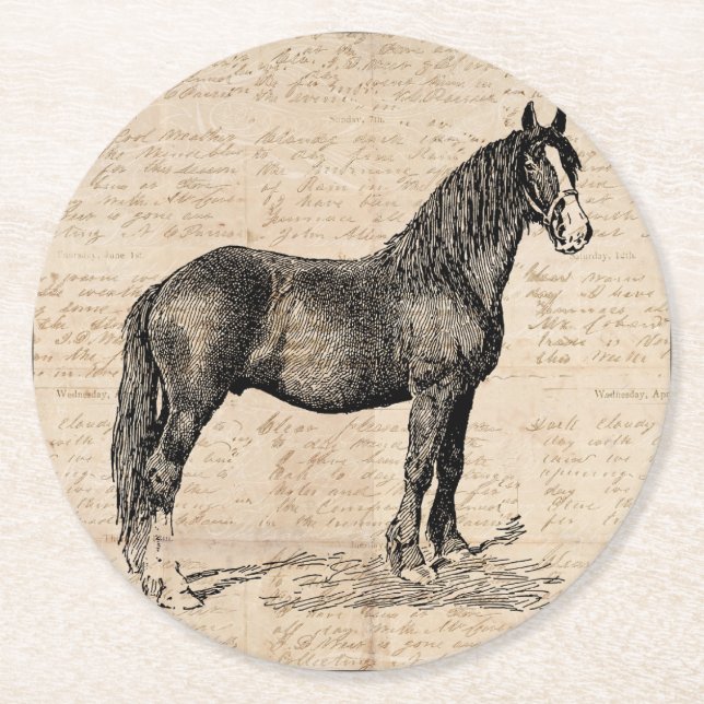 Horse with Script Paper Round Paper Coaster (Front)