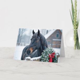 Horse With Snowy Christmas Wreath Holiday Card