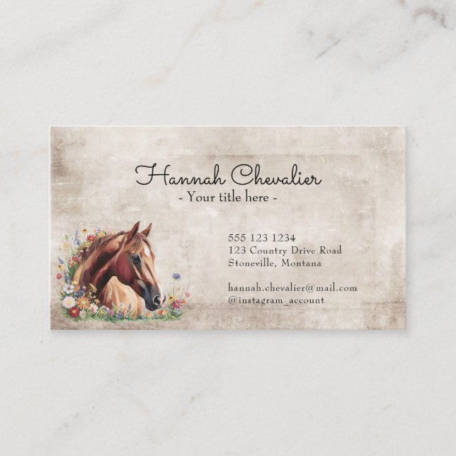 horse with wildflower, country equestrian business card (Front)