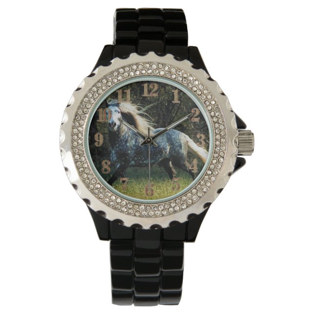 Horse Women's Rhinestone Black Enamel Watch (Front)