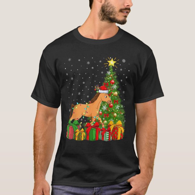 Horse Xmas Tree Lighting Santa Hat Horse Christmas T-Shirt (Front)