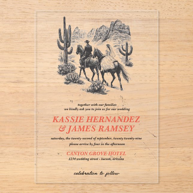 Horseback Canyon Couple Wedding Acrylic Invitations (Front)