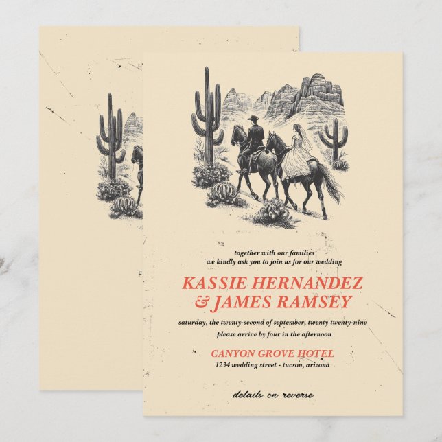 Horseback Canyon Couple with QR Code Wedding Invitation (Front/Back)