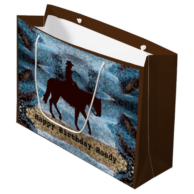 Horseback Cowboy Birthday Blue Large Gift Bag (Front Angled)