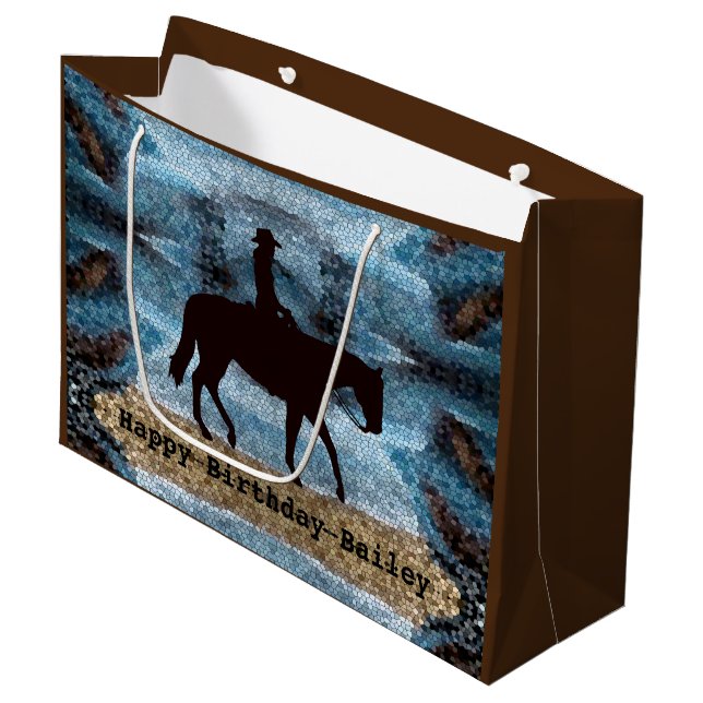 Horseback Cowgirl Birthday Blue Large Gift Bag (Front Angled)