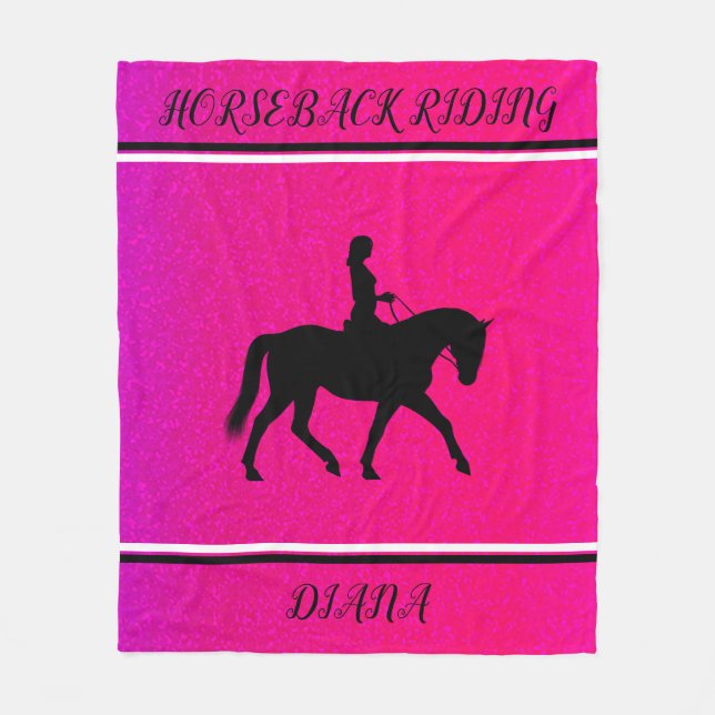 HORSEBACK RIDING GIRL PERSONALIZED IN PINK & BLACK FLEECE BLANKET (Front)