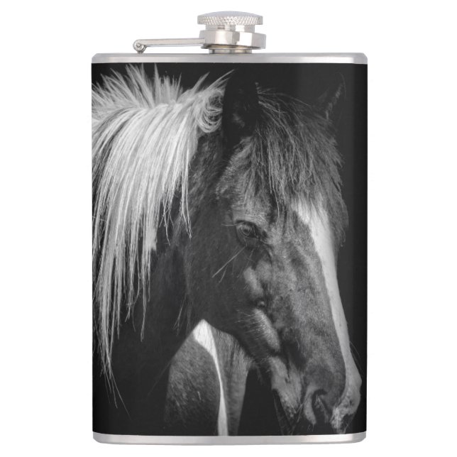 Horsehead on black background hip flask (Front)