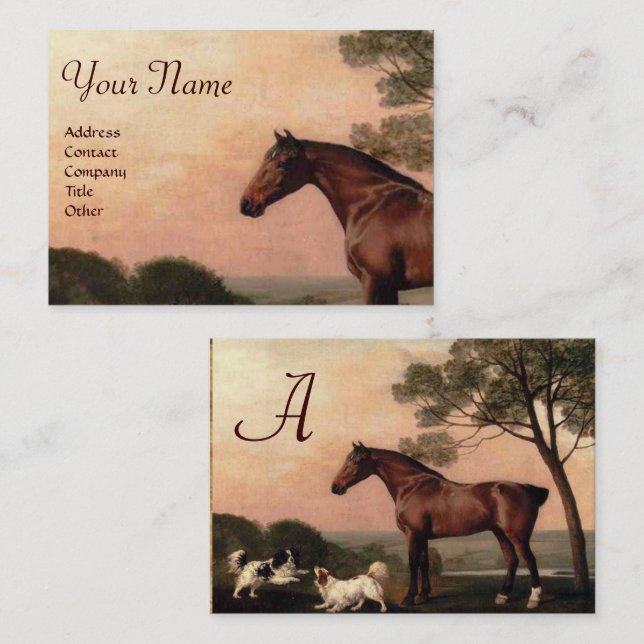 HORSES / A Bay Hunter With Two Spaniels Monogram Business Card (Front/Back)