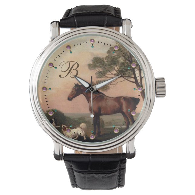 HORSES / A Bay Hunter With Two Spaniels Monogram Watch (Front)