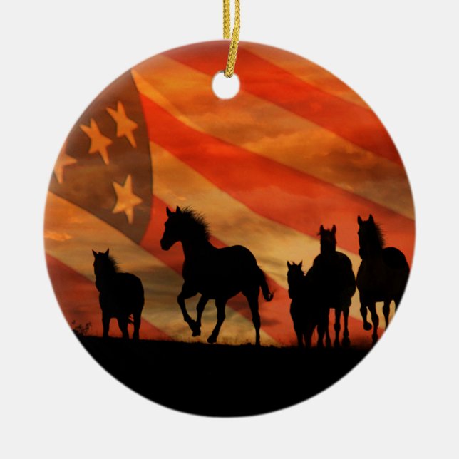 Horses and American Flag Ceramic Tree Decoration (Front)