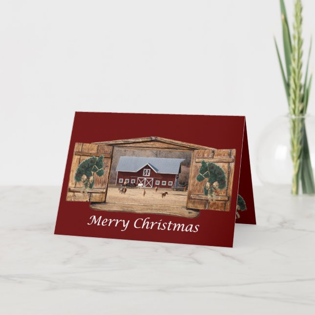 Horses and Barn Merry Christmas Holiday Card (Front)