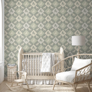 Horses and diamond patterns gray green vanilla wallpaper