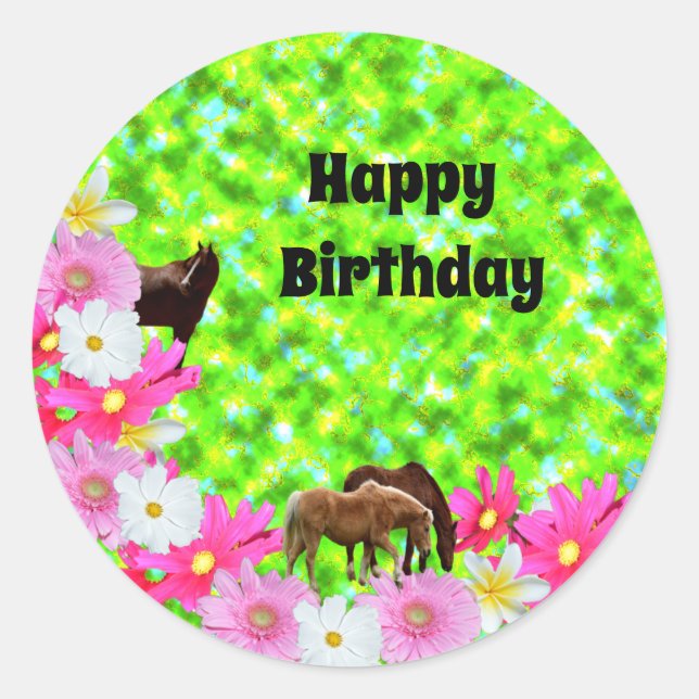 Horses And Flowers, Round Birthday Stickers (Front)