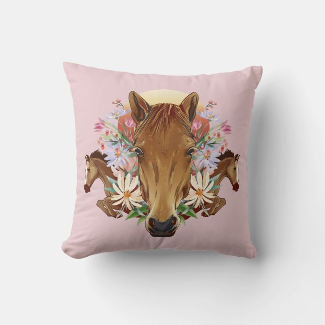Horses and Flowers Throw Pillow (Front)