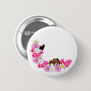 Horses And Gerbera Flower Garland, 6 Cm Round Badge