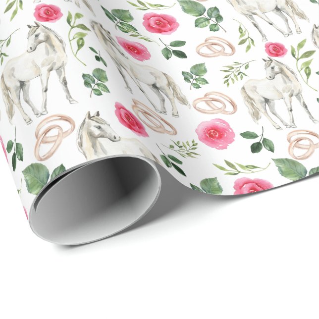 Horses and Pink Roses Wedding Wrapping Paper (Roll Corner)