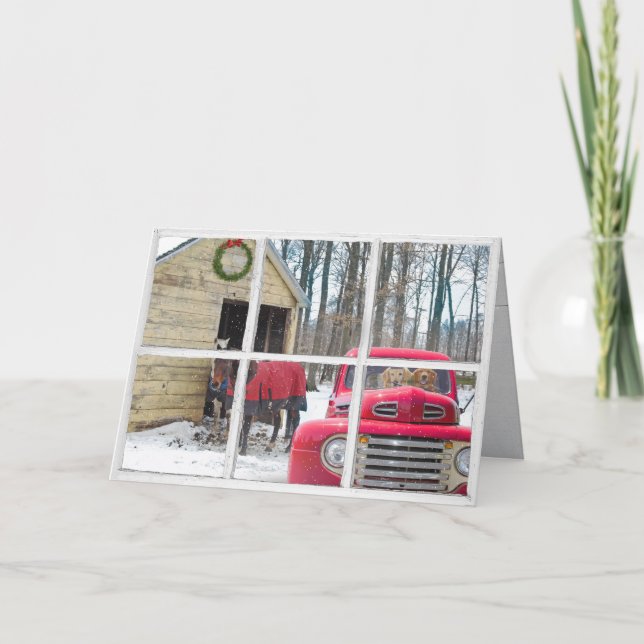 horses and retro red truck in rustic window card (Front)