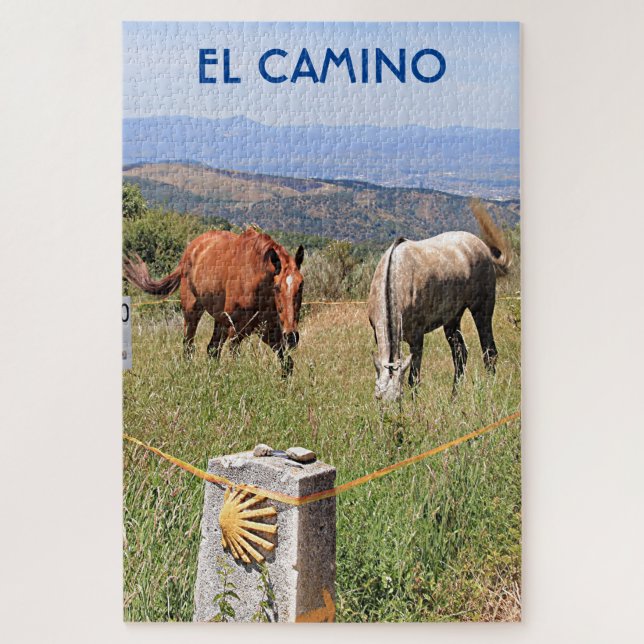 Horses and shell marker post, El Camino, Spain Jigsaw Puzzle (Vertical)