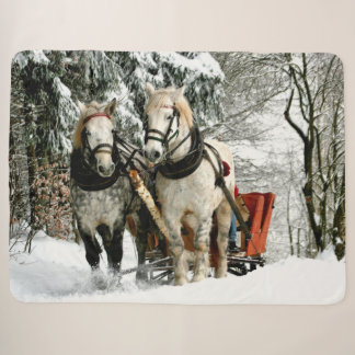 HORSES and SLEIGH in the SNOW Sherpa Blanket
