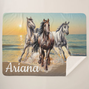 Horses and Sunset on the Beach Sherpa Blanket