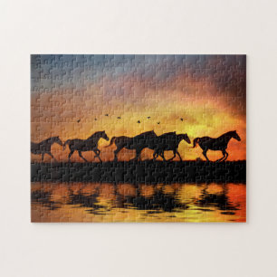 Horses and Sunset Running with Water Jigsaw Puzzle