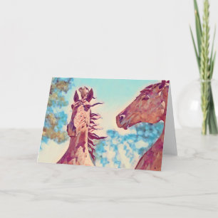 Horses Aqua Blue Illustrated Art Note Card