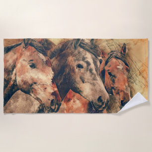 Horses Artistic Watercolor Painting Decorative Beach Towel