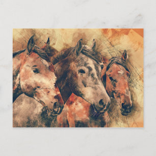 Horses Artistic Watercolor Painting Decorative Postcard