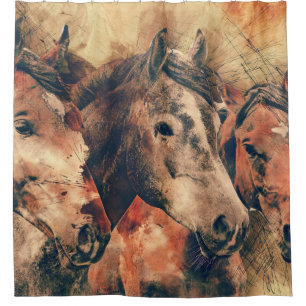 Horses Artistic Watercolor Painting Decorative Shower Curtain