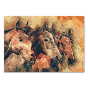 Horses Artistic Watercolor Painting Decorative Table Number