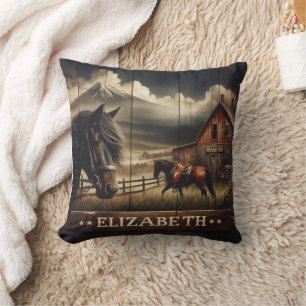 Horses at a Rustic Barn Under Mountain Clouds Cushion